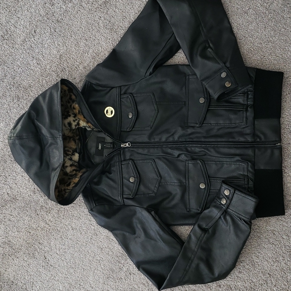 OBEY Leather Jacket Animal Print Hoodie size Small